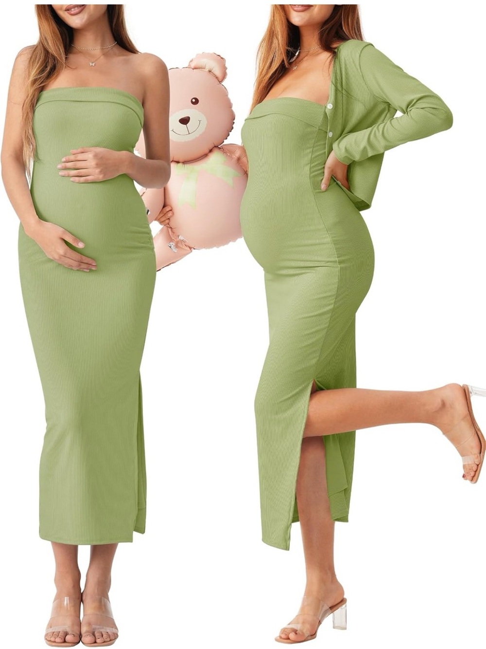Amazon Strapless Maternity Midi Dress with Matching Cardigan - Light Green
